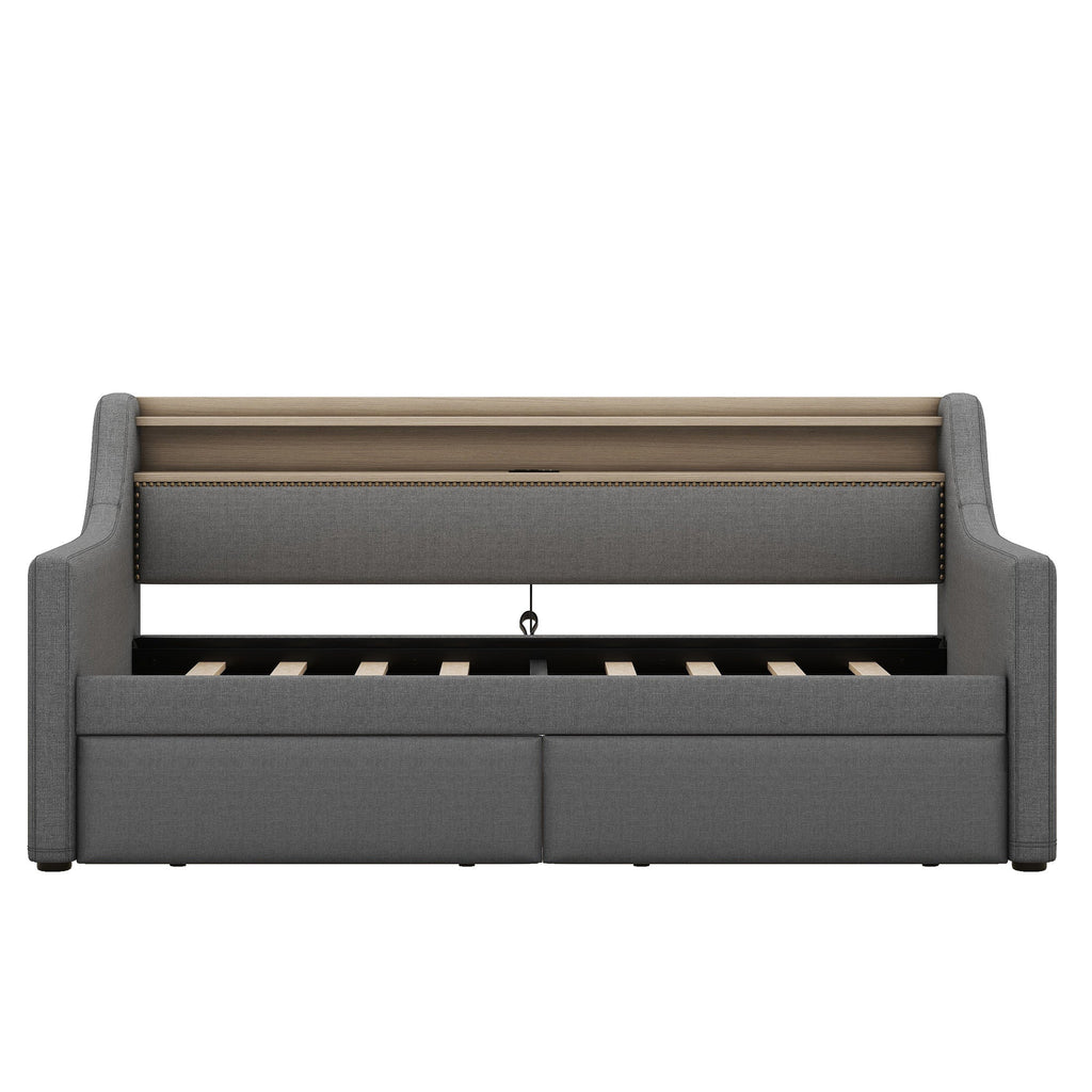 Twin Size Daybed with Storage Drawers, Upholstered Daybed with Charging Station and LED Lights, Gray