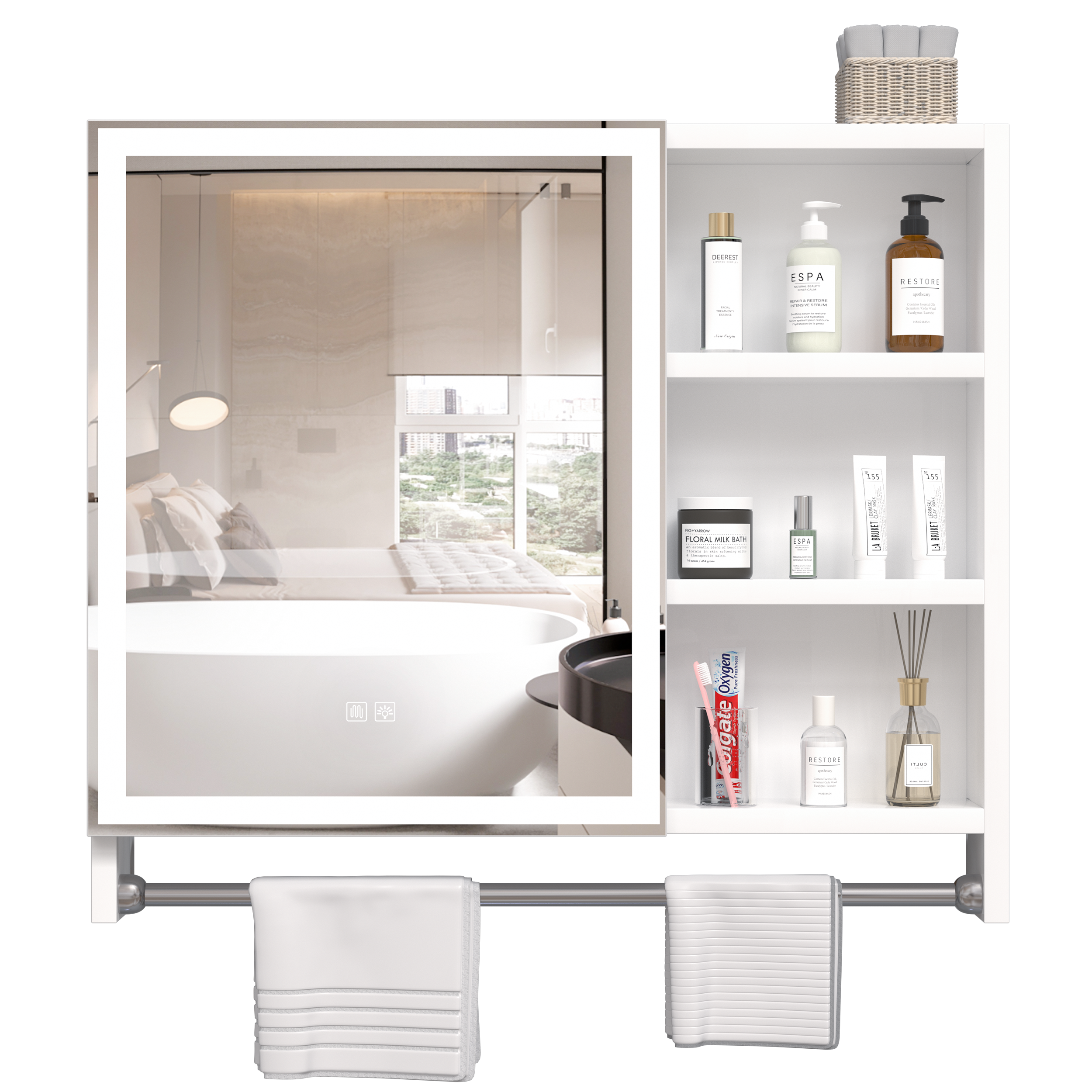 Modern 32x28 inch bathroom storage cabinet with mirrors, LED lights, multi-layer storage compartments, and towel racks