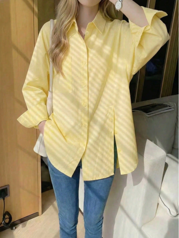 New women's solid color long sleeved shirt with button side slit