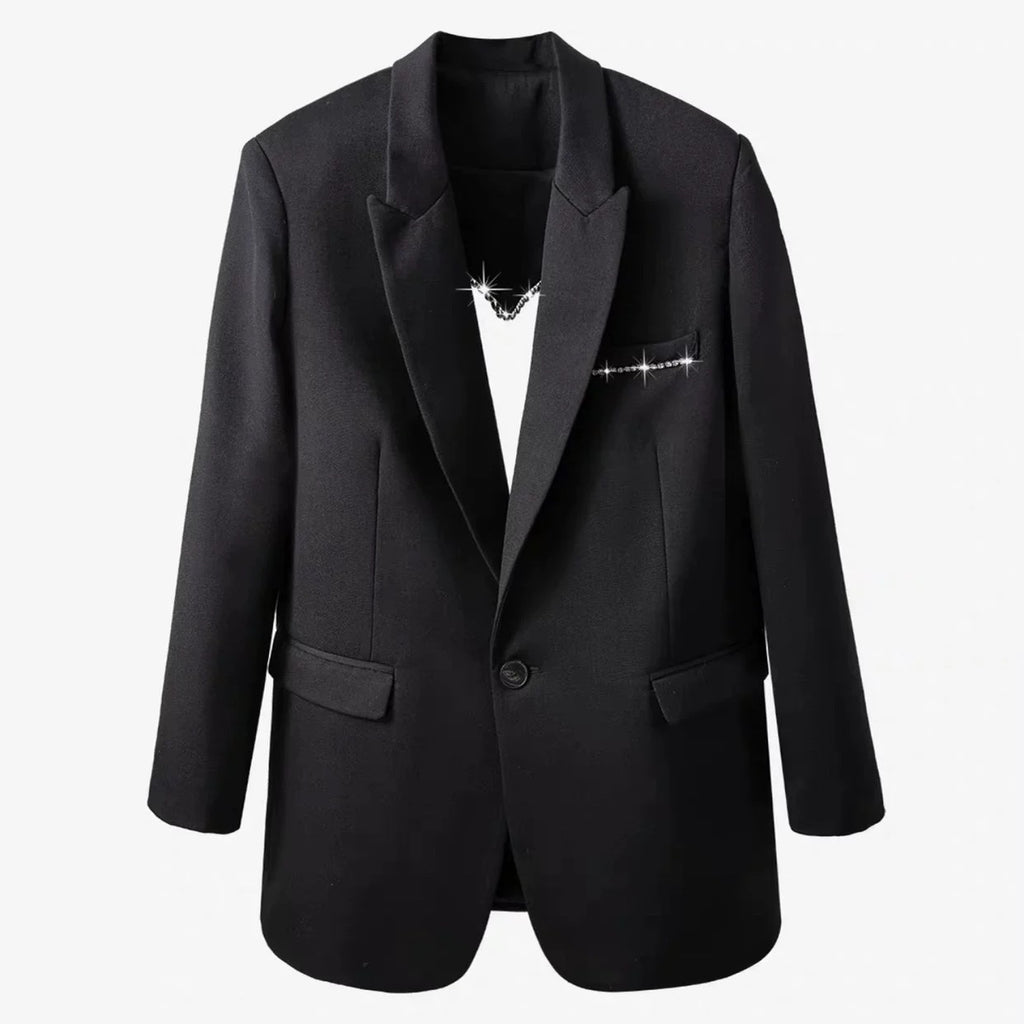 Design sense: Diamond studded backless hollow black suit jacket for women, autumn and winter explosive street love diamond versatile loose suit