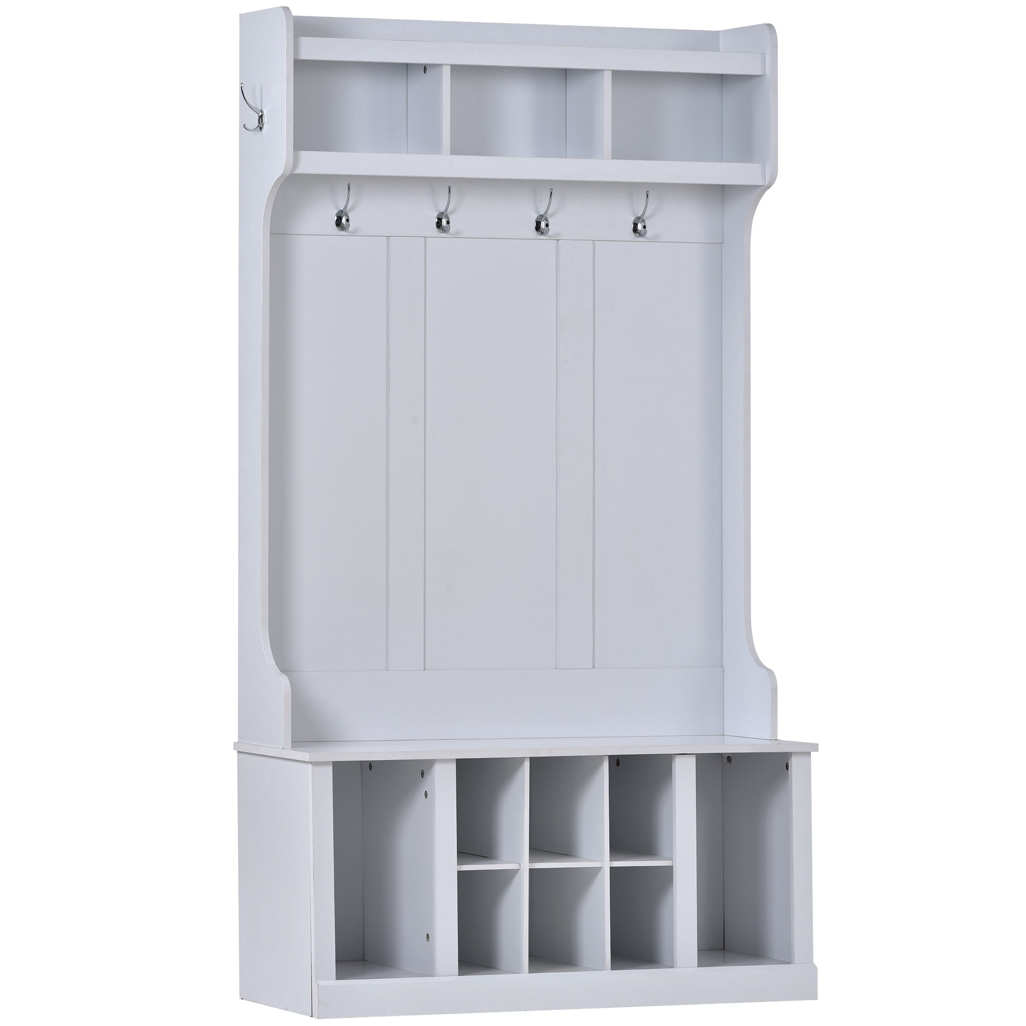 U-Can Hall Tree with 6 Hooks  Coat Hanger Entryway Bench Storage Bench (White)