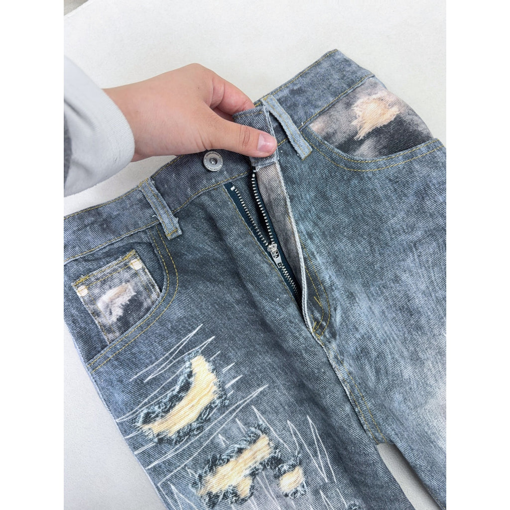 Ripped Denim Pants Straight Leg Jeans