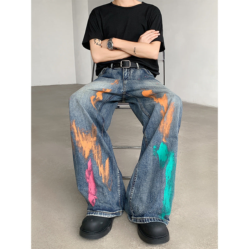 Painted jeans men's American loose wide leg long pants