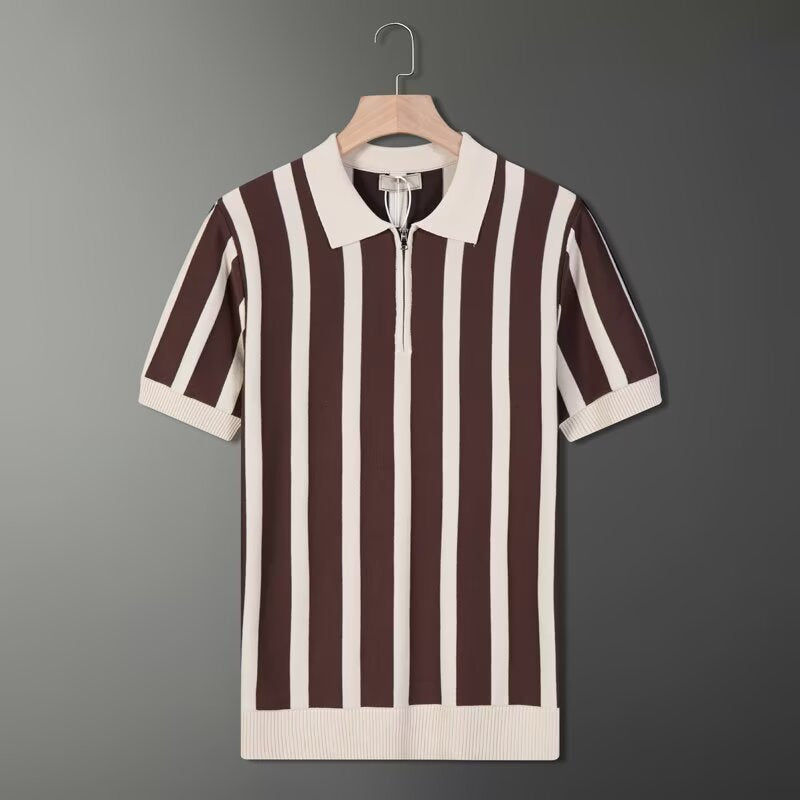 Color blocking striped zipper ice silk knitted T-shirt