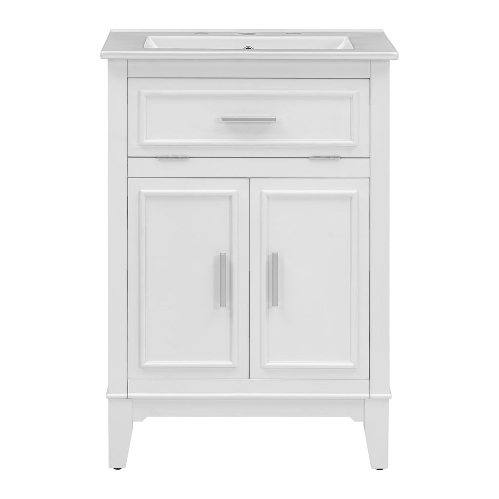24" Bathroom Vanity with Sink, Bathroom Vanity Cabinet with One Flip Drawer and Doors, Solid Wood and MDF, White