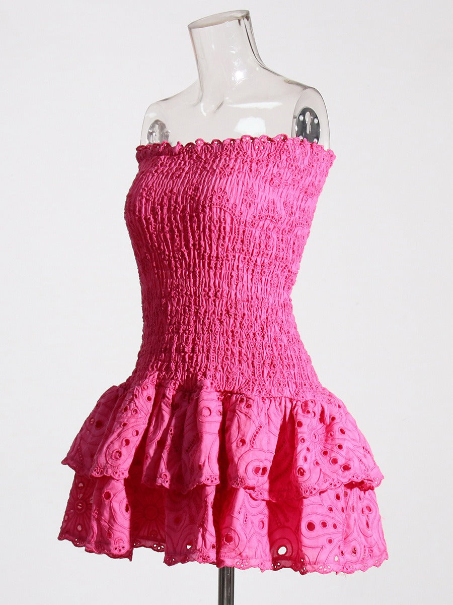 New Fashionable and Elegant Design with Elastic Waist and Ruffle Edge for Slimming Embroidered Bra Dress for Women