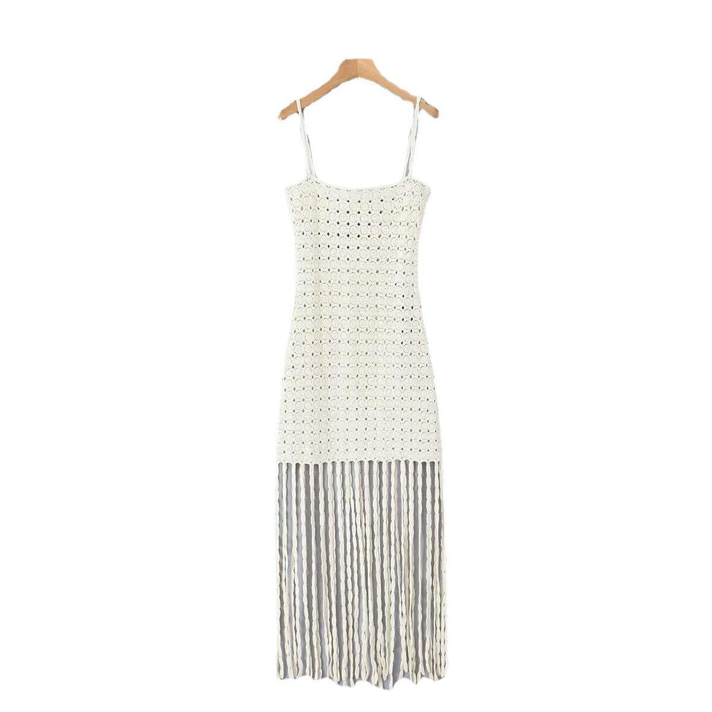 New women's pullover big U-neck sleeveless suspender hem tassel embellished crochet dress