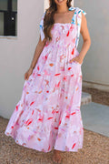 Floral Knotted Shoulder Smocked Maxi Dress