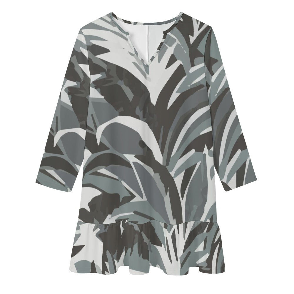 Long-sleeved V-neck ruffle dress