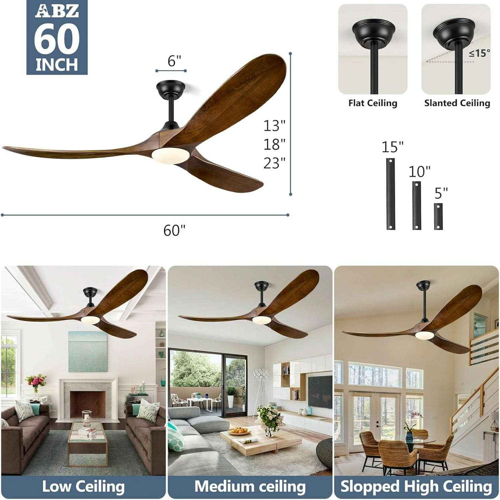 60 Inch Walnut Solid Wood Ceiling Fan Outdoor Weatherproof