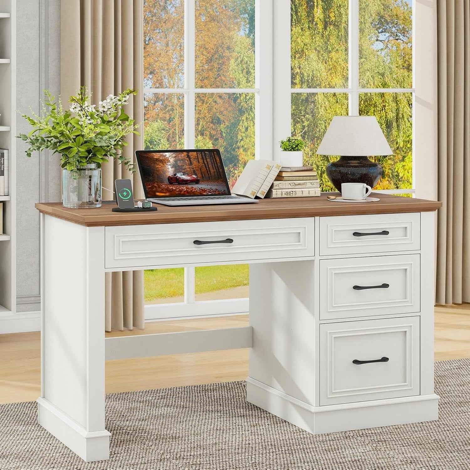 White Forty SevenInch Handcrafted Solid Wood Executive Desk