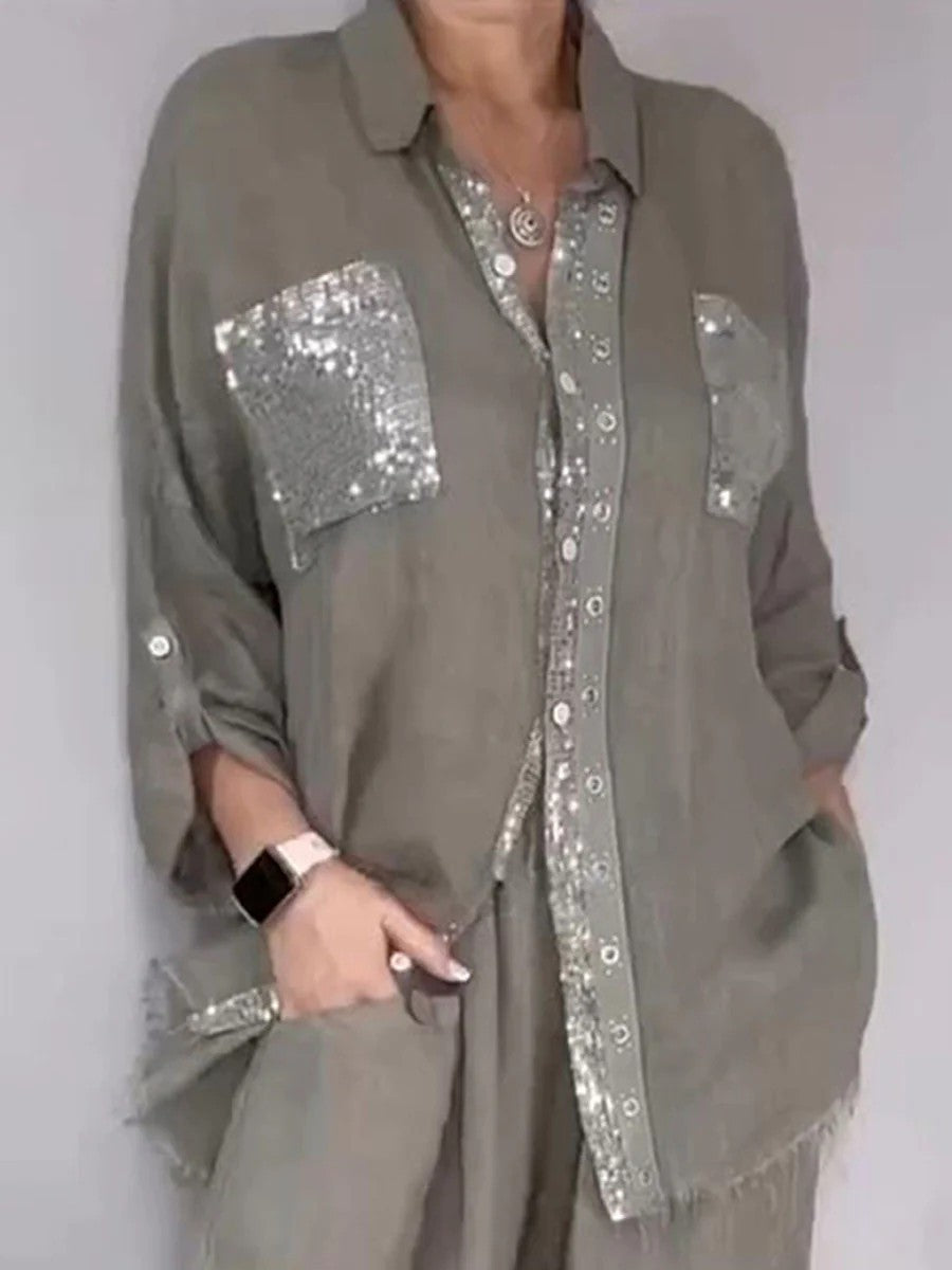 New Fashion Casual Women's Set with Pocket Placket and Gold Embellished Round Neck Design