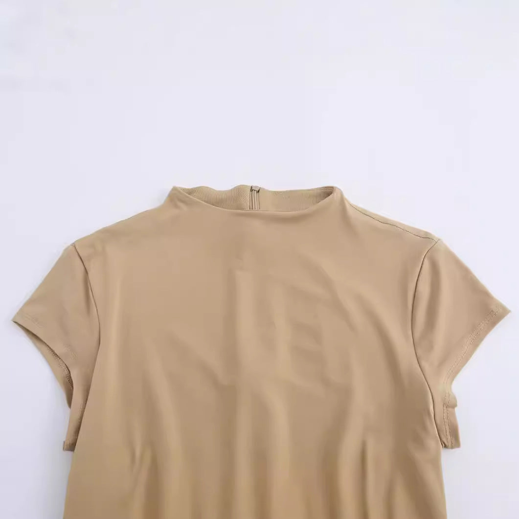 Half high neck short sleeved ruffled skirt dress for women
