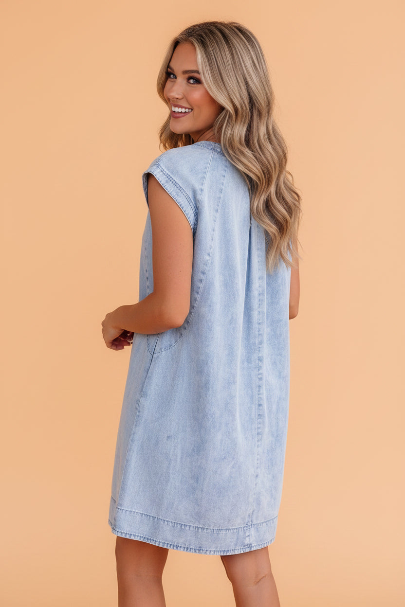 Solid Denim Cap Sleeve Pleated Dress
