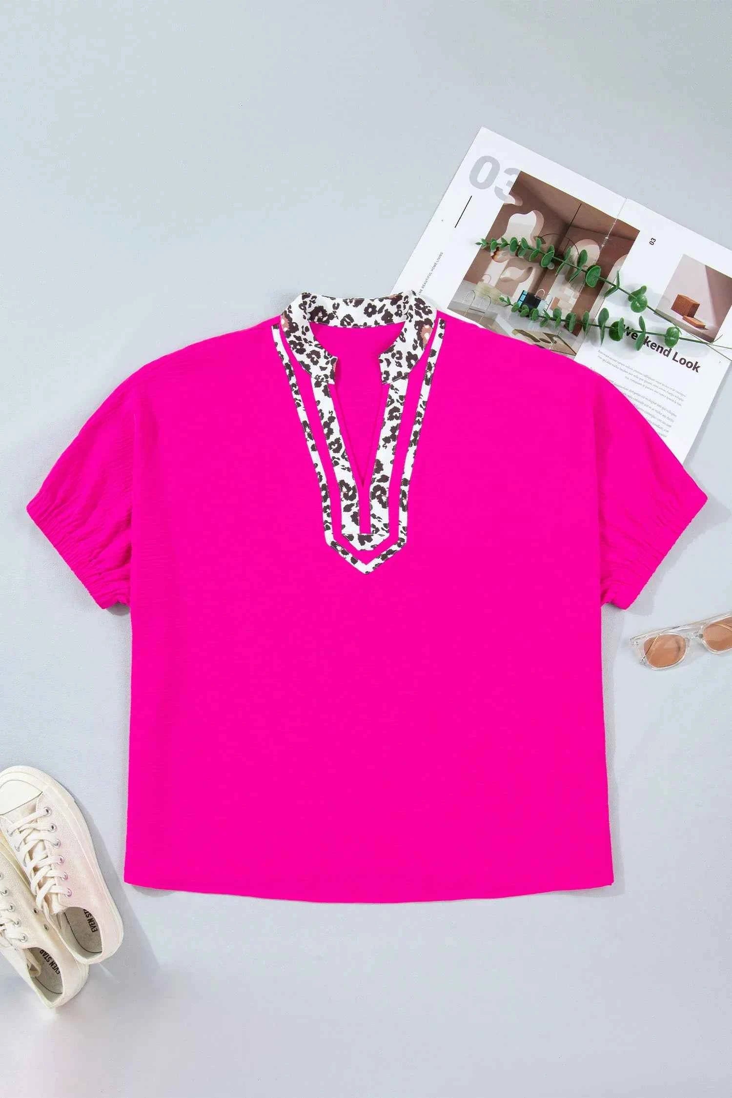 Plus Size Leopard Patchwork V-Neck Short Sleeve Top