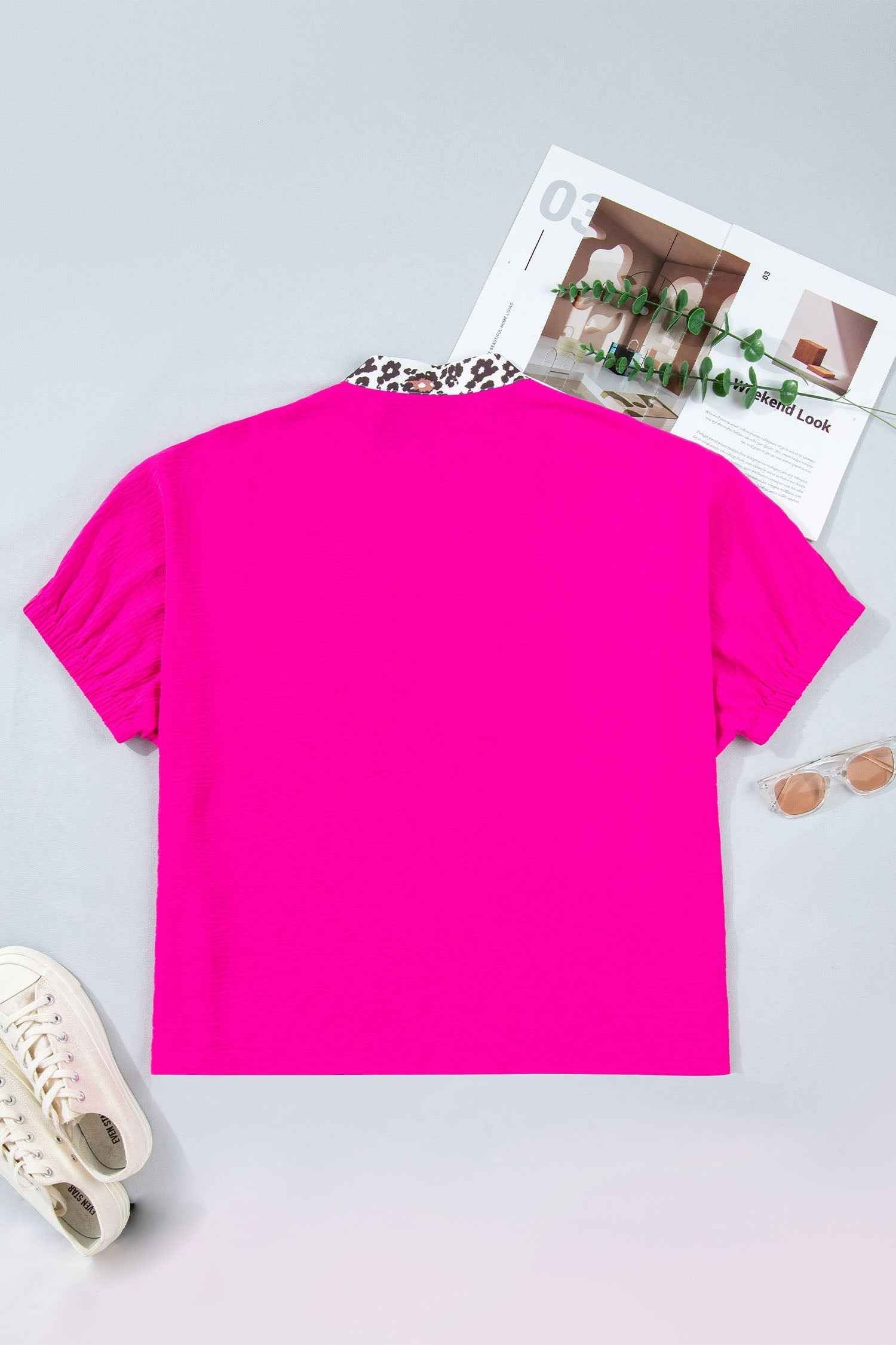 Plus Size Leopard Patchwork V-Neck Short Sleeve Top