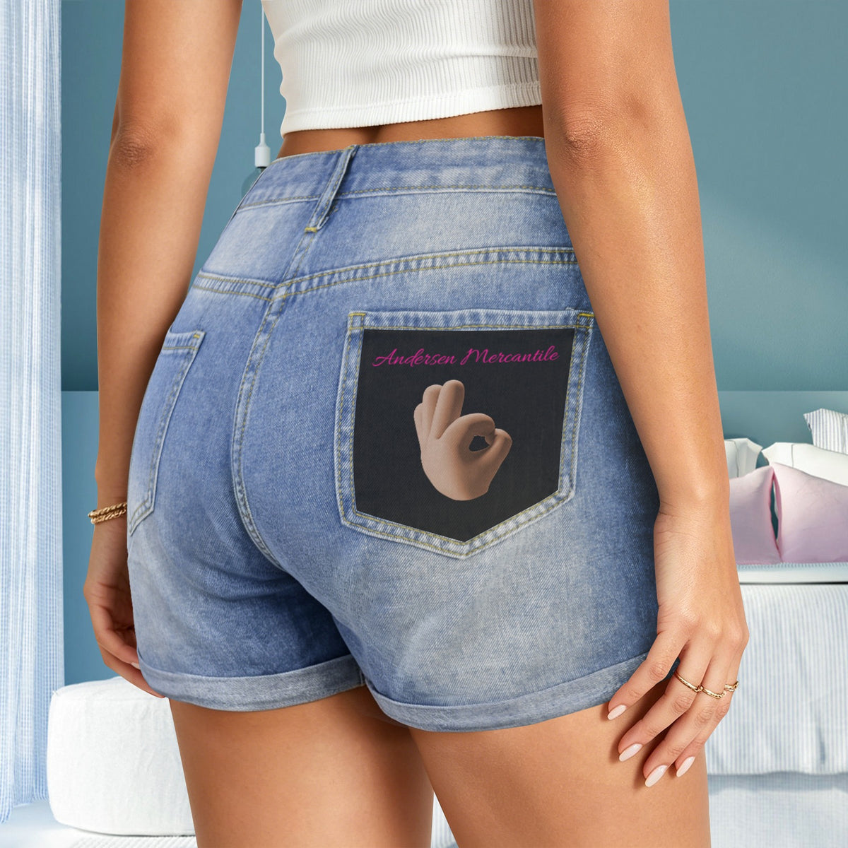 Light-Wash Blue Denim Shorts (Right Pocket Print) Made in USA Ships to USA Only