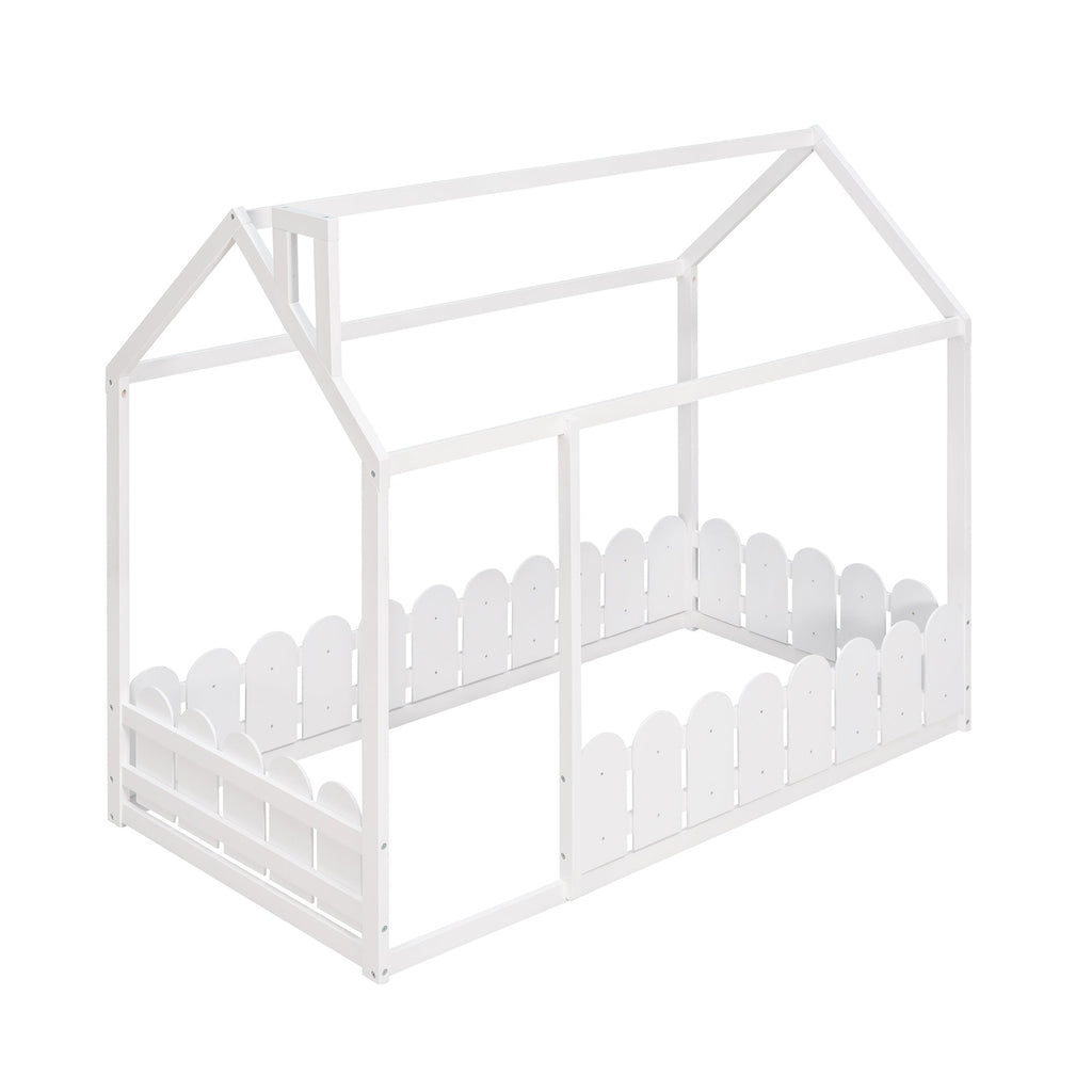 {Slats are not included}Twin Size Wood Bed House Bed Frame with Fence for KidsTeens Girls Boys {White}