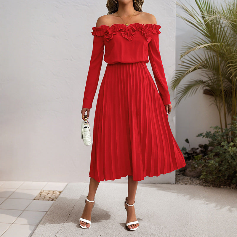 One-Shoulder Long Sleeve Solid Color Women's Dress