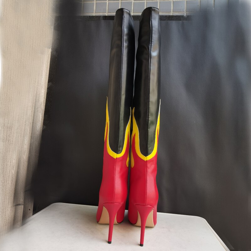 Processing time:3-7days after placing ordersNew Punk Style Mixed Color Embroidery Knee High Long Boots Thin Heel Pointed Toe Sexy Party Women's Shoes Black Red Big Size 43