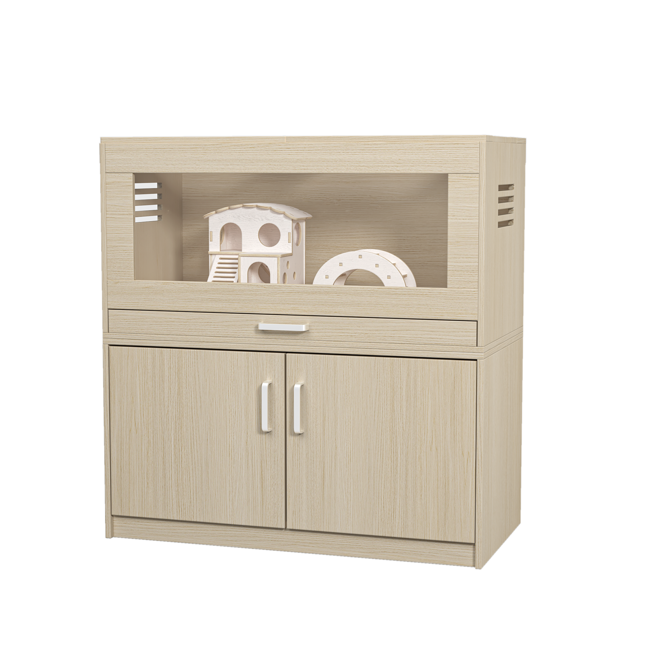Squirrel cage acrylic panel with independent storage cabinet and wooden guinea pig room with bridge (L 31.50 x W 15.75 x H32.28)