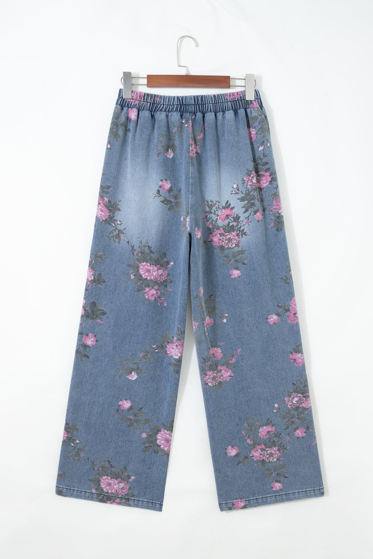 Floral Denim Elastic Waist Straight Leg Jeans