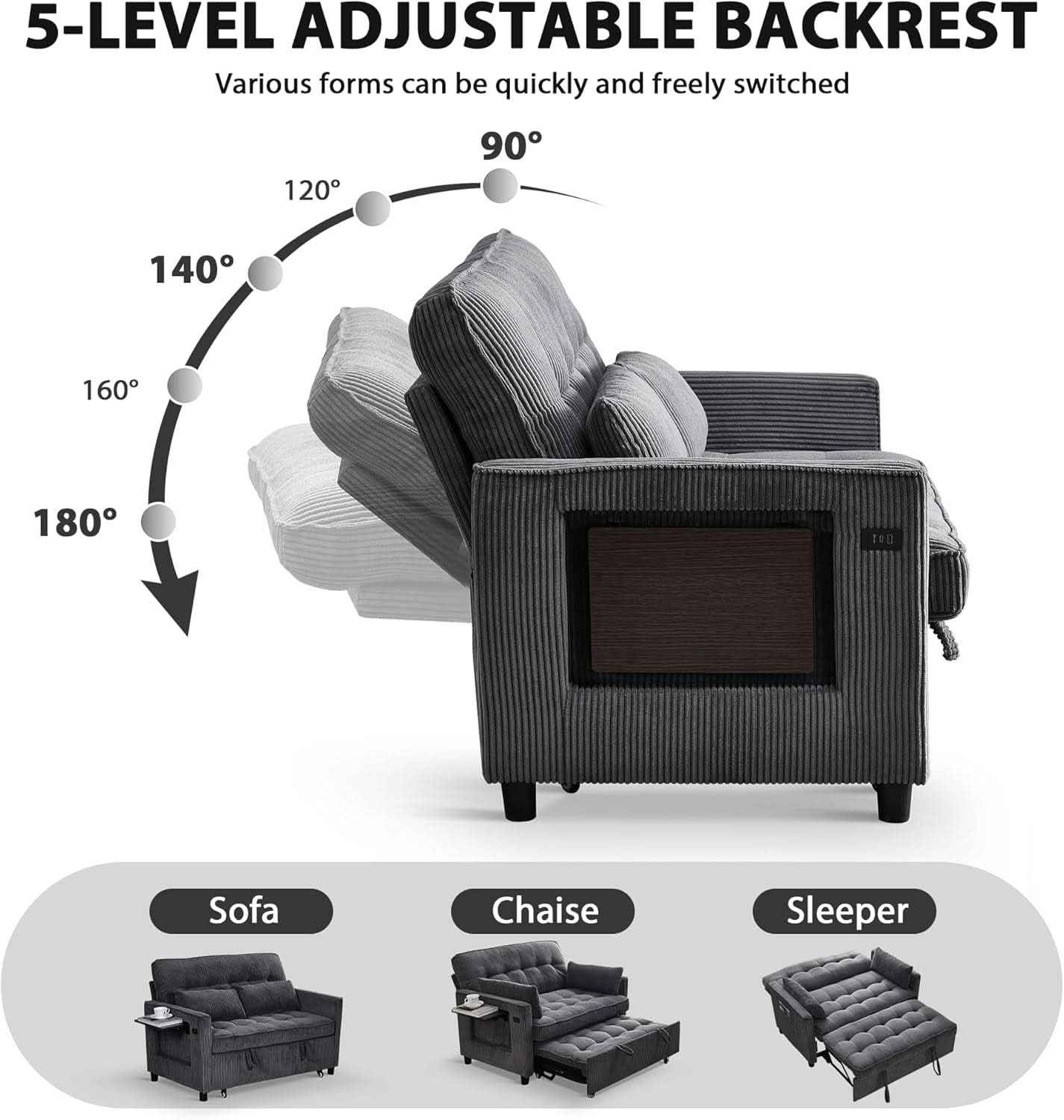 55Inch Convertible Sleeper Sofa With USBPort Corduroy