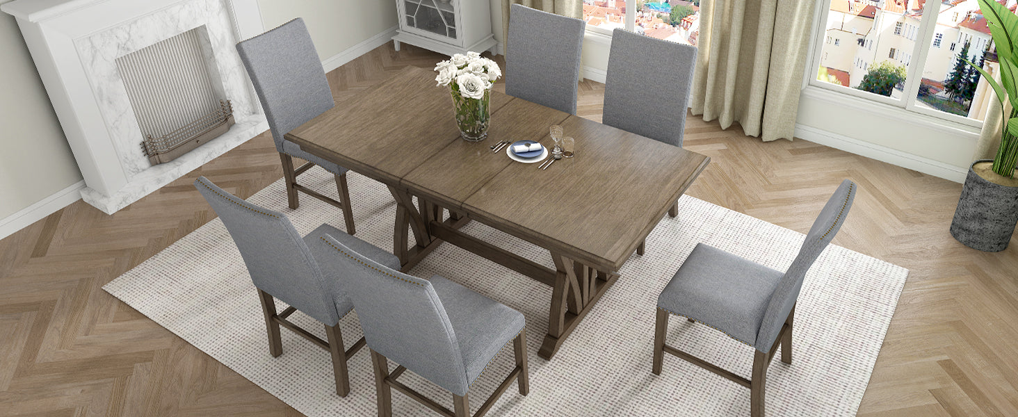 TOPMAX Mid Century Solid Wood 7-Piece Expandable Dining Table Set with Soft Cushioned Chair, Gold Brown+Gray Cushions