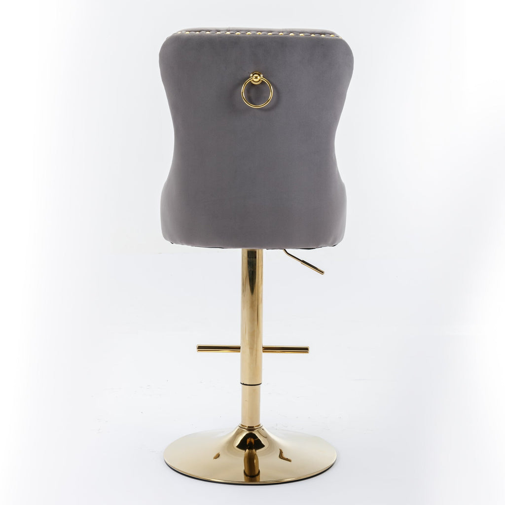 Thick gold rotating velvet bar stool with adjustable seat height of 25-33 inches and backrest (gray, set of 2 pieces)