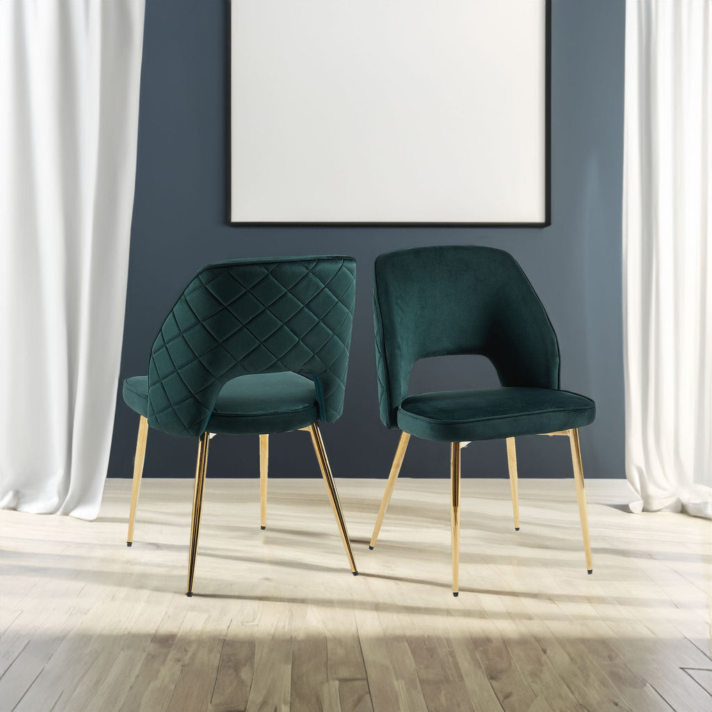 Dark Green Velvet Dining Chairs with Metal Legs and Hollow Back Upholstered Dining Chairs Set of 4