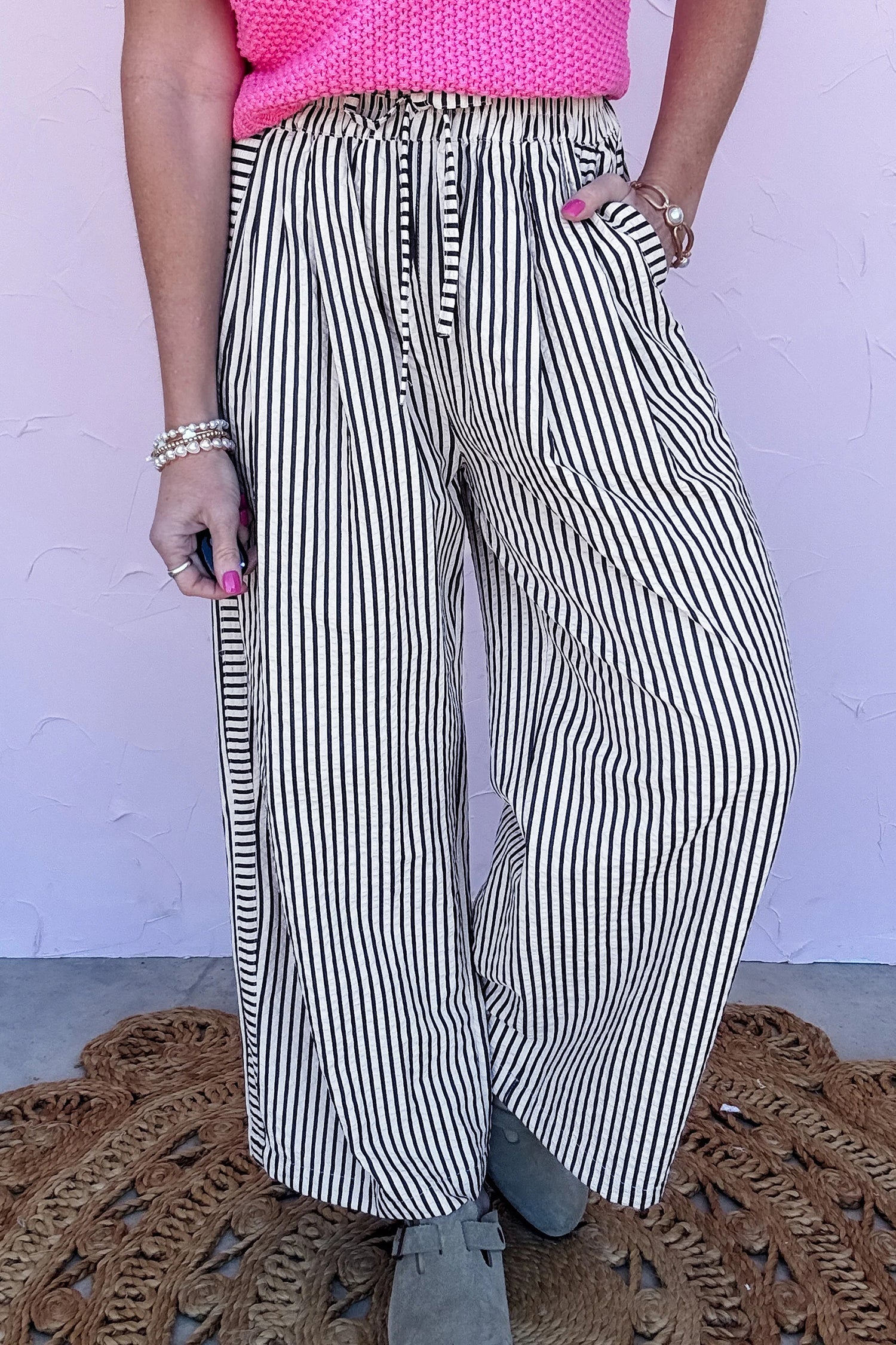 Stripe Wide Leg Elastic Drawstring Pants