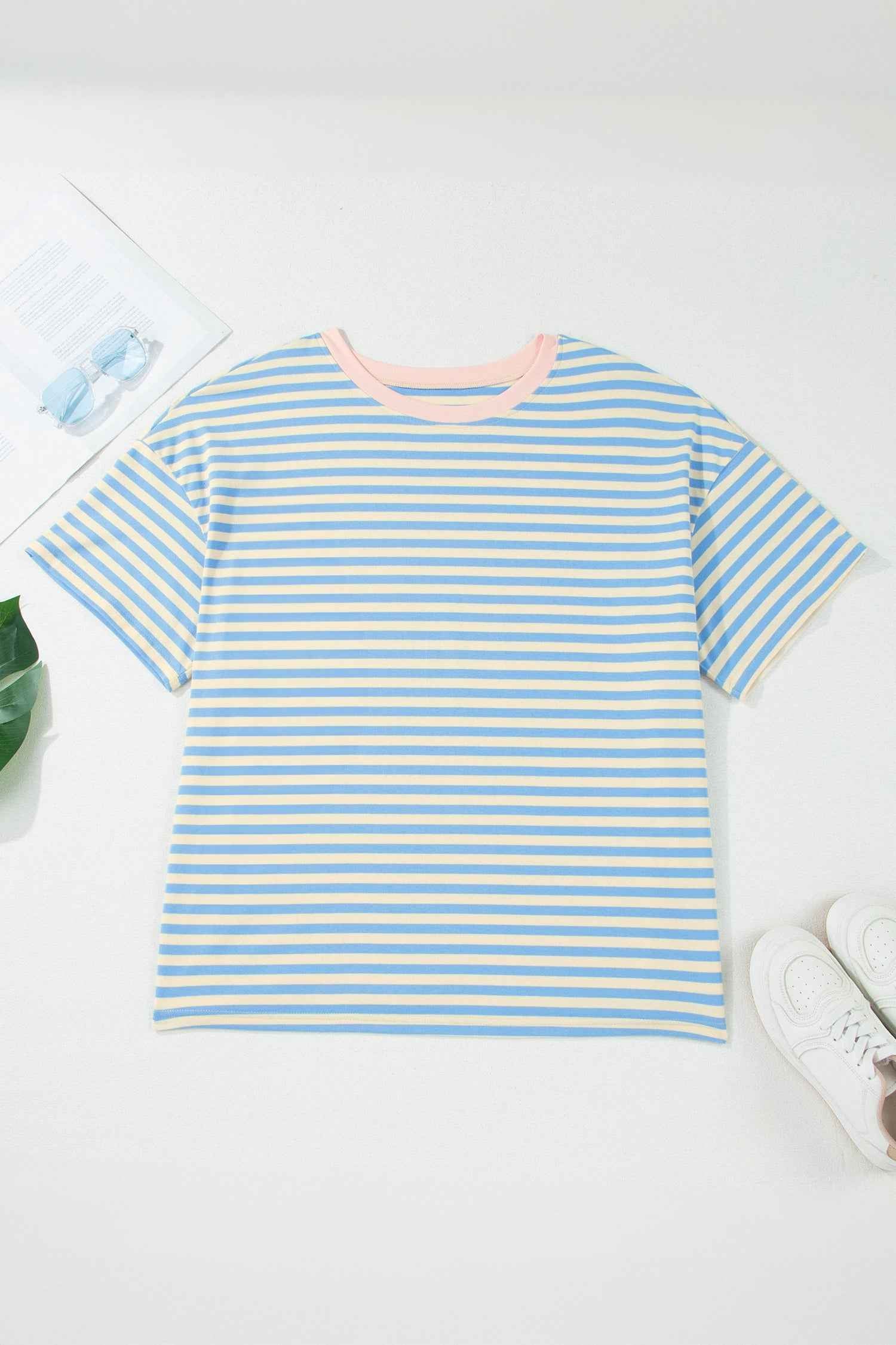 Plus Size Stripe Contrast Trim Short Sleeve Tee