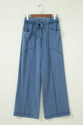 Solid Mineral Wash Drawstring Wide Leg Pants
