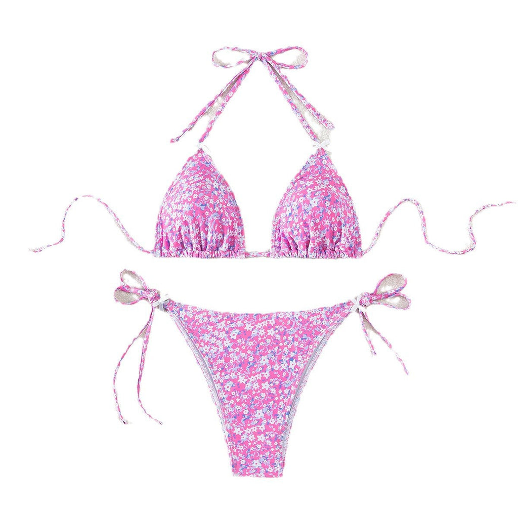 Floral triangle cup lace up sexy bikini split swimsuit for women