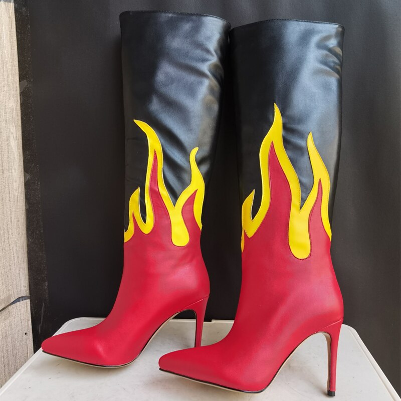 Processing time:3-7days after placing ordersNew Punk Style Mixed Color Embroidery Knee High Long Boots Thin Heel Pointed Toe Sexy Party Women's Shoes Black Red Big Size 43