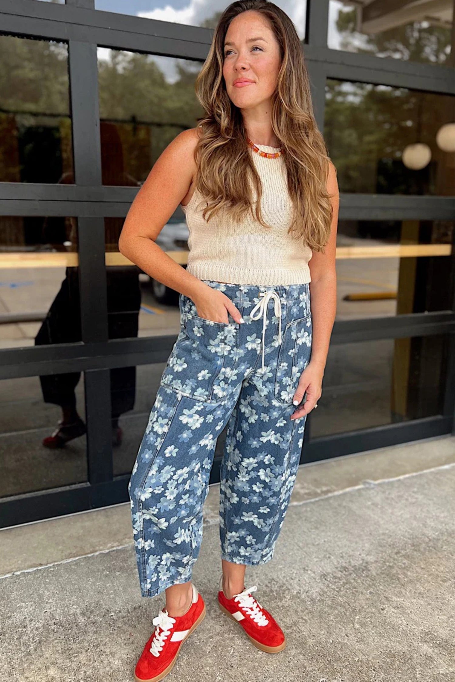 Floral Denim Drawstring Barrel Leg Jeans