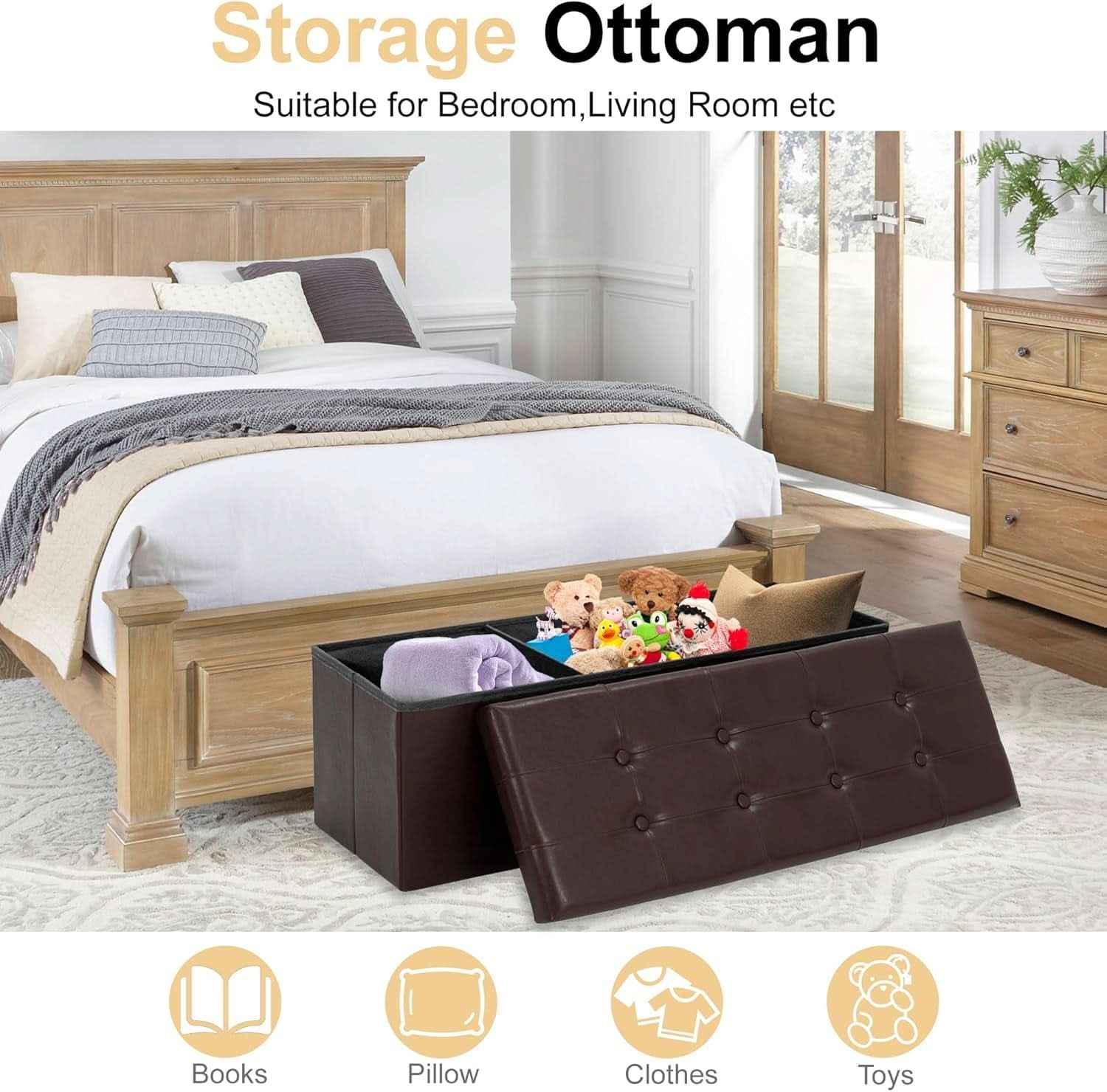 Forty Three Inches Folding Storage Ottoman Bench Brown Leather