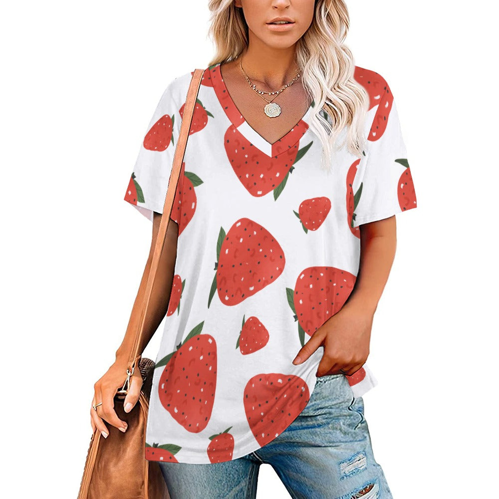 New V Neck Short-sleeve Women Shirt Printed