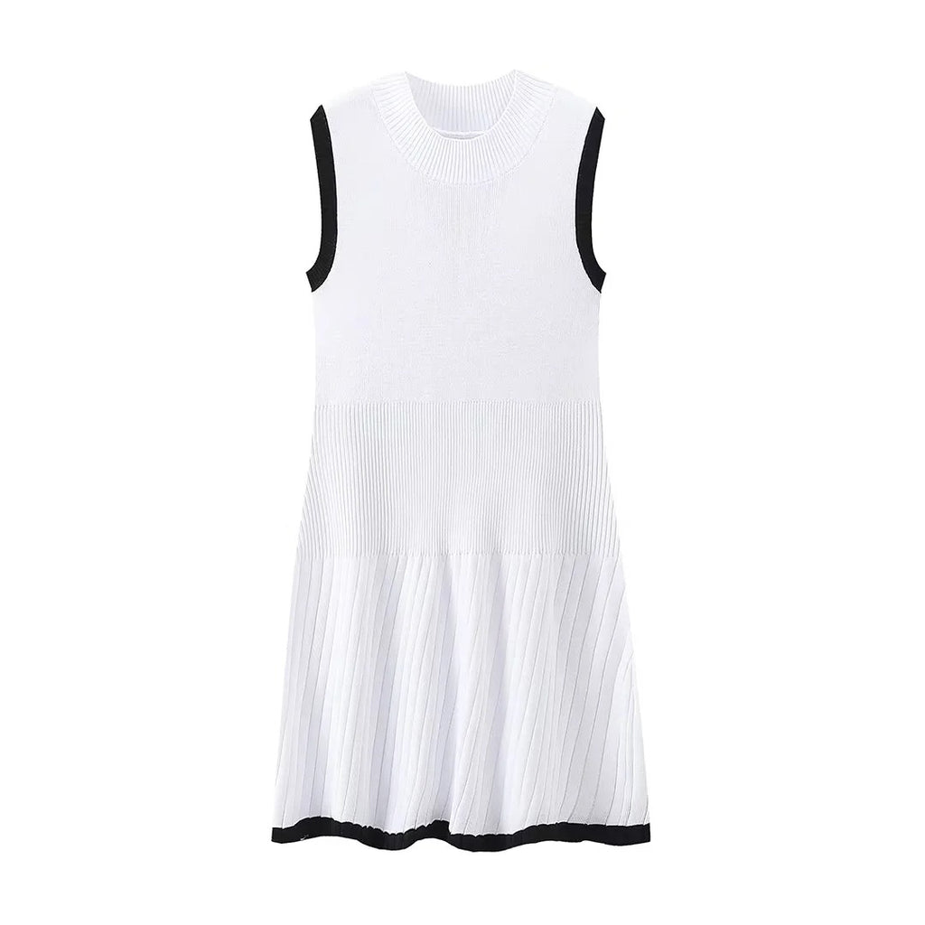 Knitted mini dress fashionable round neck pleated A-line dress