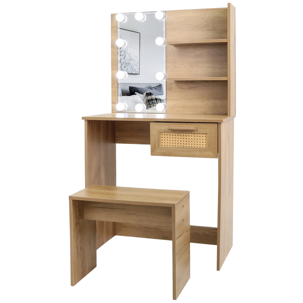Vanity Desk Set Stool & Dressing Table with LED Lighting Mirror Drawer and Wood Cosmetic Table Chest of Drawers Nature Color