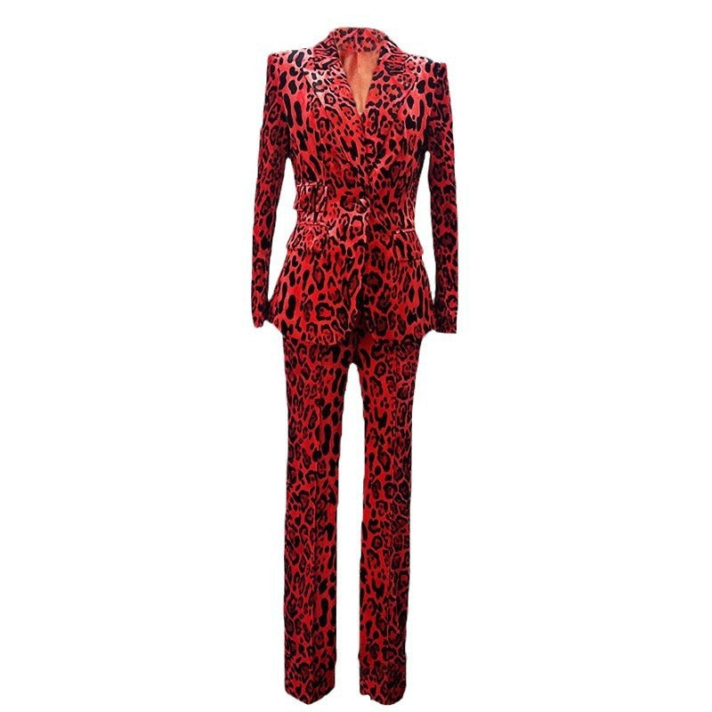 Two piece set of high-end gold velvet suit with leopard print print suit and small leg pants