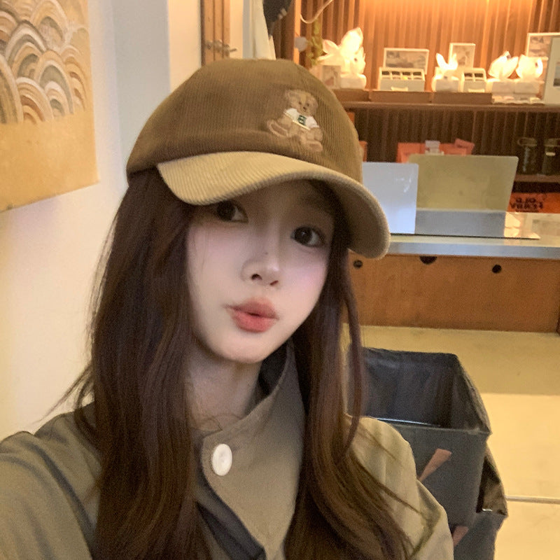 Cute bear embroidered baseball hat for women autumn and winter corduroy color matching retro duckbill cap