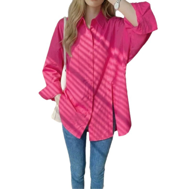 New women's solid color long sleeved shirt with button side slit