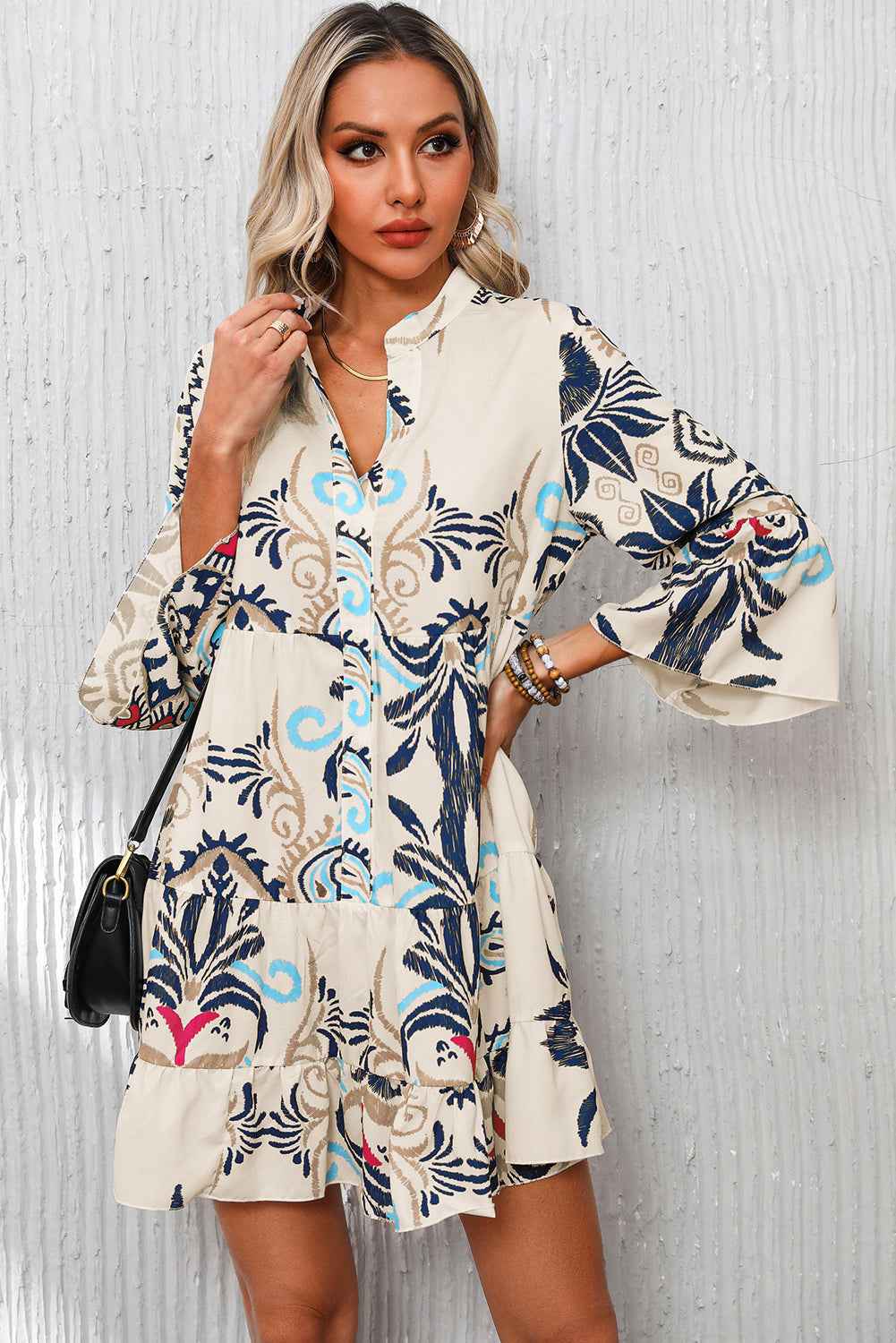 Boho Buttoned V-Neck 3/4 Sleeve Mini Dress