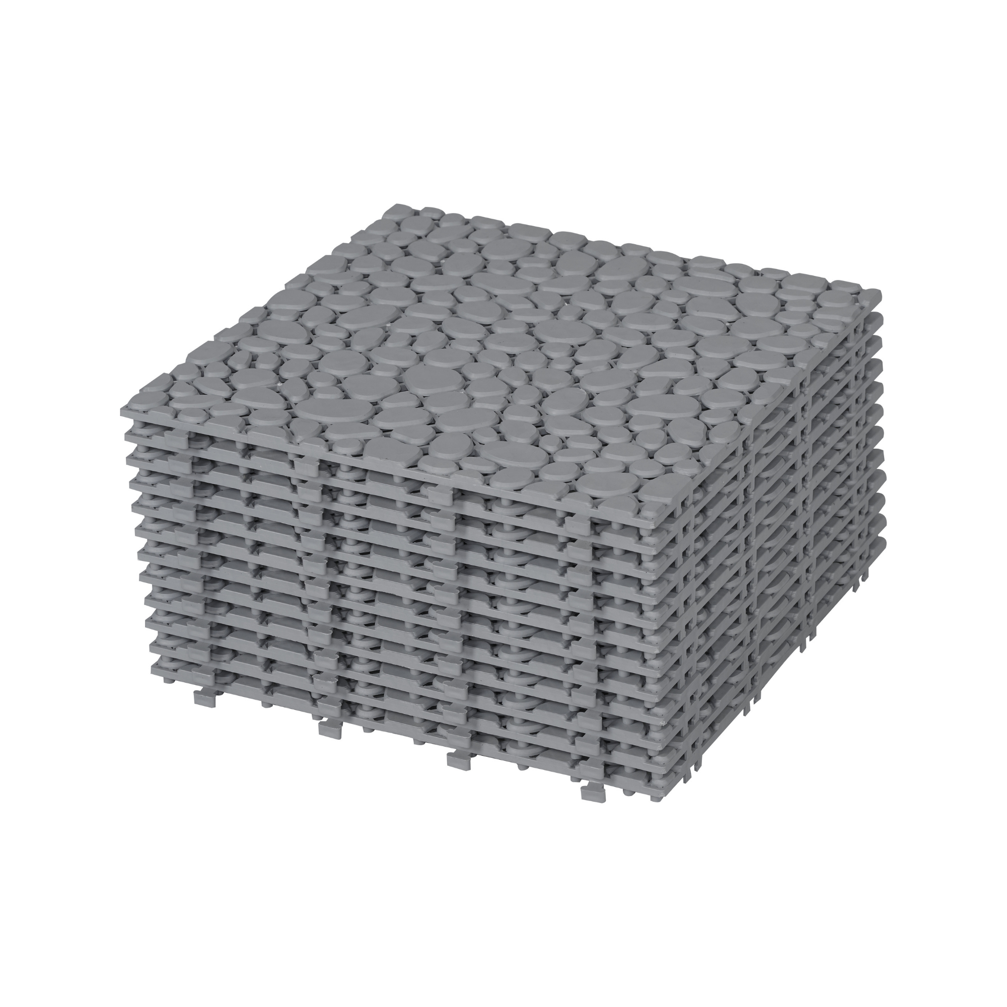12 x 12 inch gray interlocking deck tiles, plastic waterproof pebble pattern, pack of 12 pieces