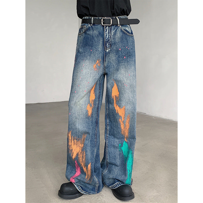 Painted jeans men's American loose wide leg long pants