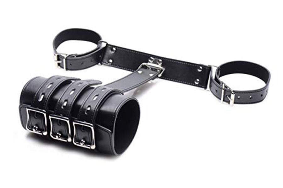 Leather Bondage Handcuffs, BDSM Armbinder Restraint ,Arms Behind Back Straitjacket,Sex Toys For Couples