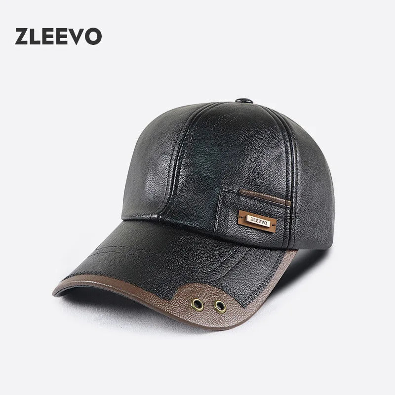Autumn and Winter new PU leather baseball cap fashion stitching and brushed middle-aged and elderly peaked cap