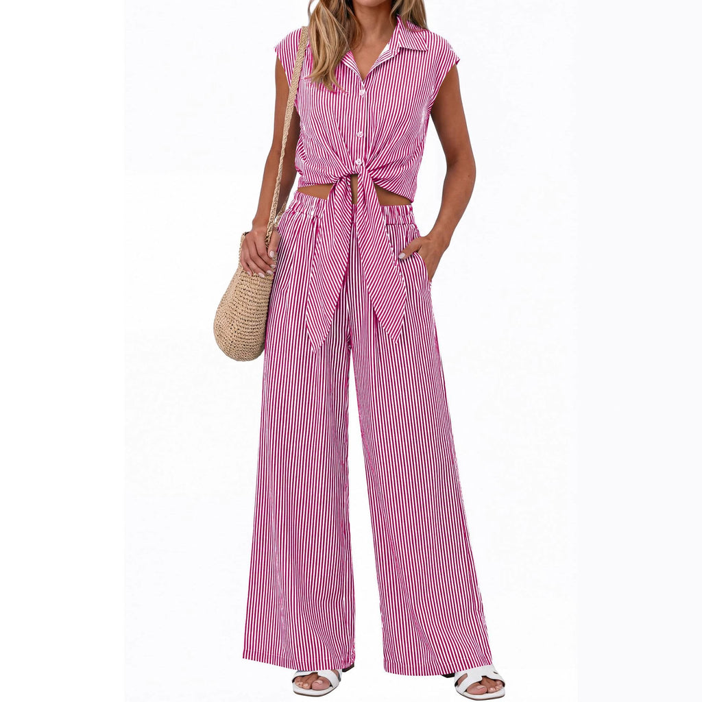 Spring Summer Women's Striped Buttoned Sleeveless Shirt and Pants Set