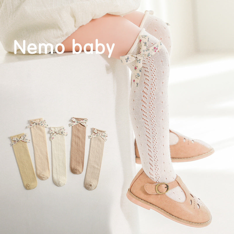 Hollow Mesh Floral Bow Princess Socks Combed Cotton Girls Stockings